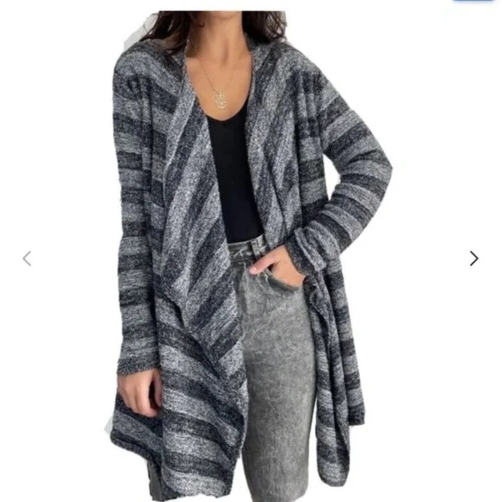Barefoot Dreams Bamboo Chic Lite Blue Striped Open Front Cardigan Sweater S/M